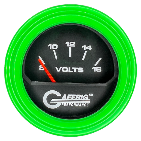 GAFFRIG 2 INCH ELECTRIC VOLTMETER 8-16 VOLT GAUGE STEP RIM (002) / LIME GREEN / BLACK