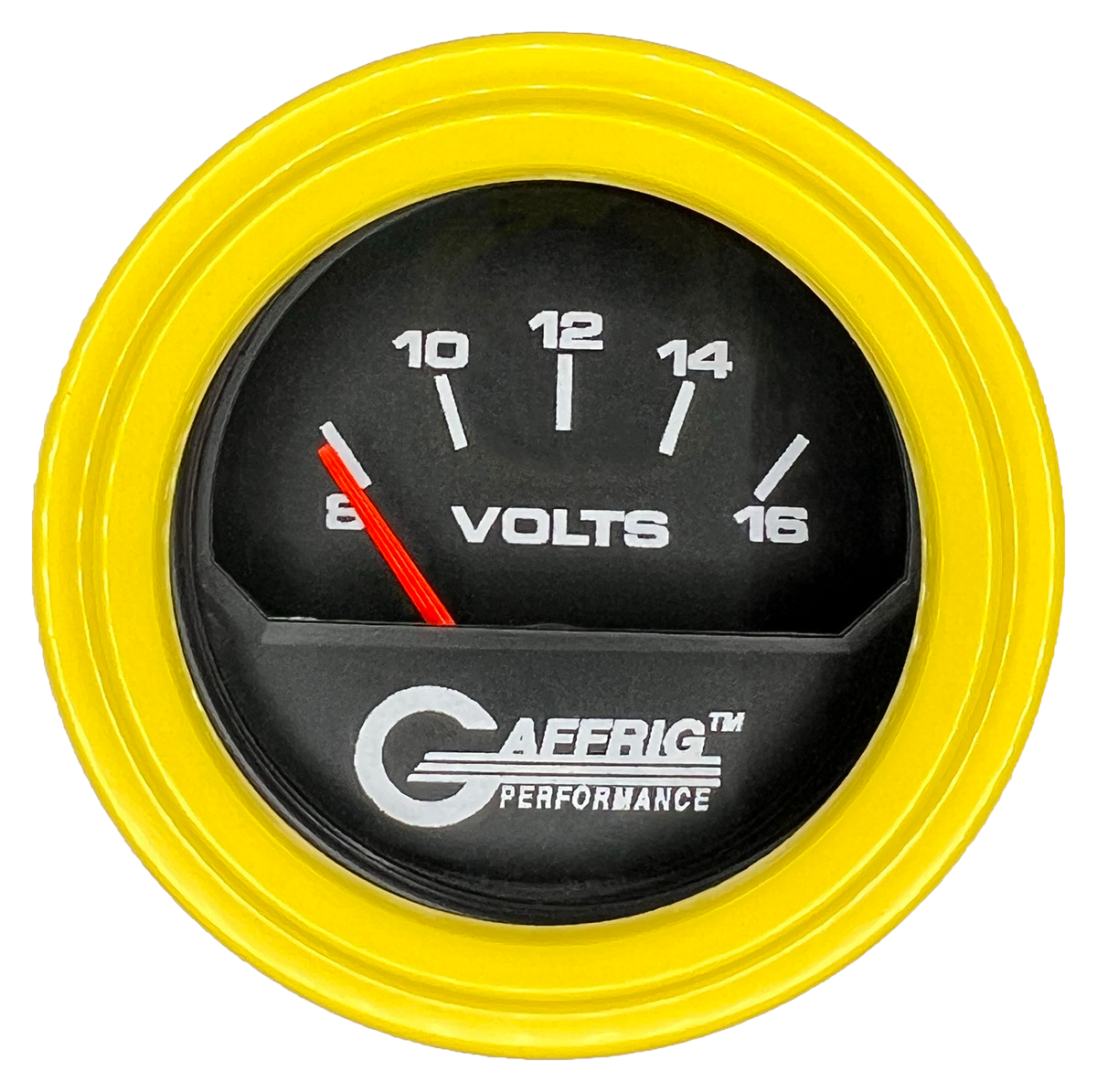 GAFFRIG 2 INCH ELECTRIC VOLTMETER 8-16 VOLT GAUGE STEP RIM (002) / YELLOW / BLACK