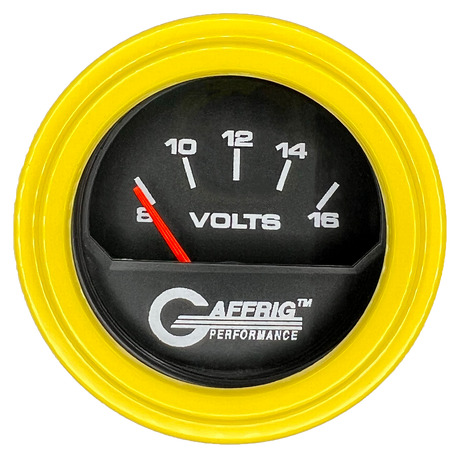 GAFFRIG 2 INCH ELECTRIC VOLTMETER 8-16 VOLT GAUGE STEP RIM (002) / YELLOW / BLACK