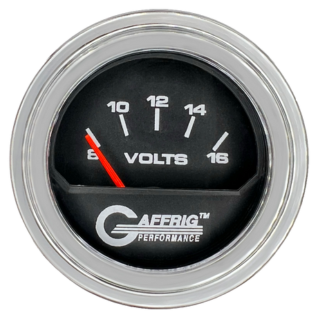 GAFFRIG 2 INCH ELECTRIC VOLTMETER 8-16 VOLT GAUGE STEP RIM (002) / CHROME/POLISHED / BLACK