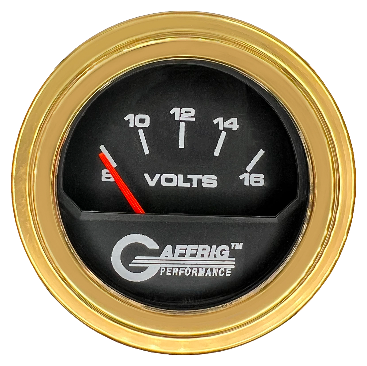 GAFFRIG 2 INCH ELECTRIC VOLTMETER 8-16 VOLT GAUGE STEP RIM (002) / GOLD / BLACK