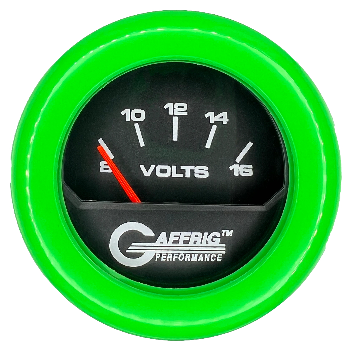 GAFFRIG 2 INCH ELECTRIC VOLTMETER 8-16 VOLT GAUGE FAT RIM (218) / LIME GREEN / BLACK