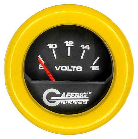 GAFFRIG 2 INCH ELECTRIC VOLTMETER 8-16 VOLT GAUGE FAT RIM (218) / YELLOW / BLACK