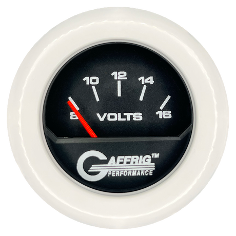 GAFFRIG 2 INCH ELECTRIC VOLTMETER 8-16 VOLT GAUGE FAT RIM (218) / WHITE / BLACK