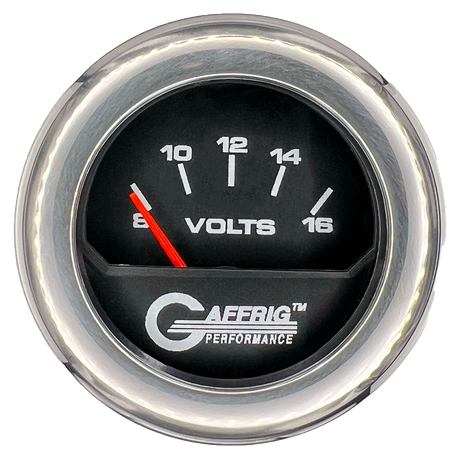 GAFFRIG 2 INCH ELECTRIC VOLTMETER 8-16 VOLT GAUGE FAT RIM (218) / CHROME/POLISHED / BLACK