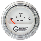 GAFFRIG 2 INCH ELECTRIC FUEL LEVEL GAUGE 240-33 OHMS STEP RIM (002) / CHROME/POLISHED / WHITE