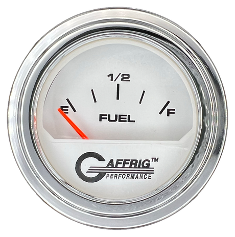 GAFFRIG 2 INCH ELECTRIC FUEL LEVEL GAUGE 240-33 OHMS STEP RIM (002) / CHROME/POLISHED / WHITE