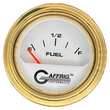 GAFFRIG 2 INCH ELECTRIC FUEL LEVEL GAUGE 240-33 OHMS STEP RIM (002) / GOLD / WHITE