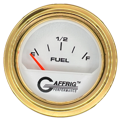 GAFFRIG 2 INCH ELECTRIC FUEL LEVEL GAUGE 240-33 OHMS STEP RIM (002) / GOLD / WHITE