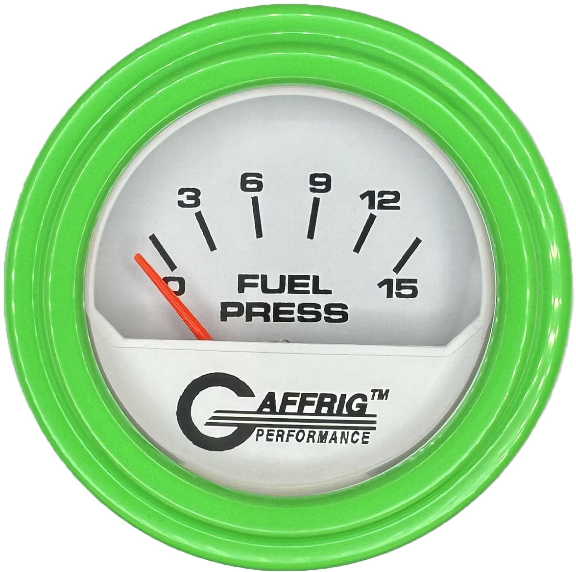 GAFFRIG 2 INCH ELECTRIC FUEL PRESSURE GAUGE 0-15 PSI STEP RIM (002) / LIME GREEN / WHITE