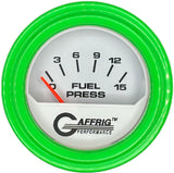 GAFFRIG 2 INCH ELECTRIC FUEL PRESSURE GAUGE 0-15 PSI STEP RIM (002) / LIME GREEN / WHITE