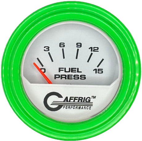 GAFFRIG 2 INCH ELECTRIC FUEL PRESSURE GAUGE 0-15 PSI STEP RIM (002) / LIME GREEN / WHITE