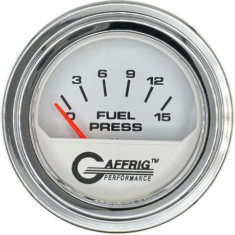 GAFFRIG 2 INCH ELECTRIC FUEL PRESSURE GAUGE 0-15 PSI STEP RIM (002) / CHROME/POLISHED / WHITE