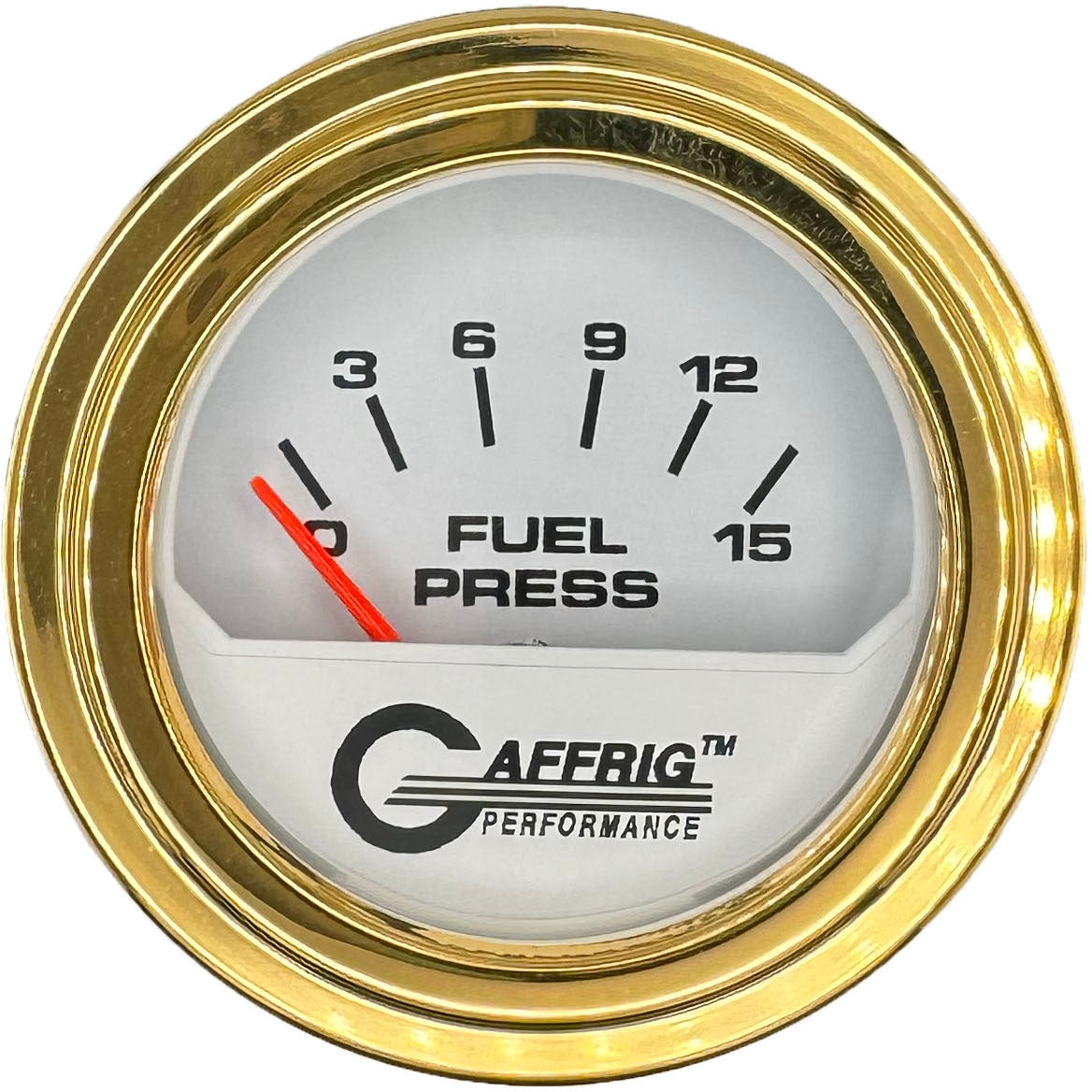 GAFFRIG 2 INCH ELECTRIC FUEL PRESSURE GAUGE 0-15 PSI STEP RIM (002) / GOLD / WHITE