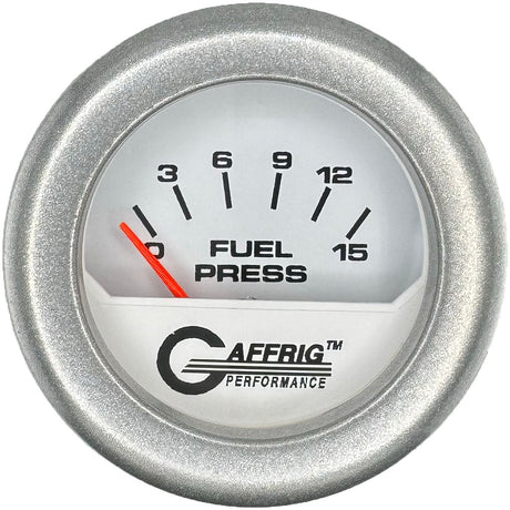 GAFFRIG 2 INCH ELECTRIC FUEL PRESSURE GAUGE 0-15 PSI FAT RIM (218) / PLATINUM / WHITE