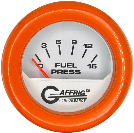 GAFFRIG 2 INCH ELECTRIC FUEL PRESSURE GAUGE 0-15 PSI FAT RIM (218) / ORANGE / WHITE