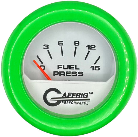 GAFFRIG 2 INCH ELECTRIC FUEL PRESSURE GAUGE 0-15 PSI FAT RIM (218) / LIME GREEN / WHITE