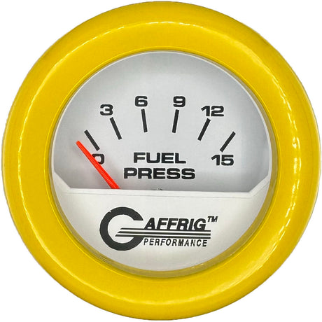 GAFFRIG 2 INCH ELECTRIC FUEL PRESSURE GAUGE 0-15 PSI FAT RIM (218) / YELLOW / WHITE