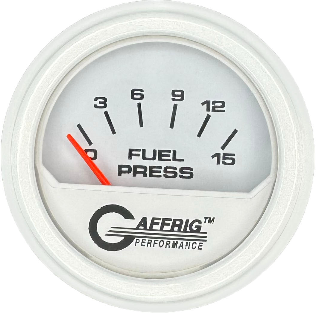 GAFFRIG 2 INCH ELECTRIC FUEL PRESSURE GAUGE 0-15 PSI STEP RIM (002) / WHITE / WHITE