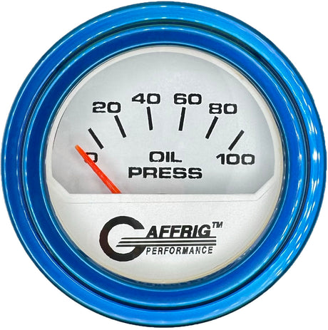 GAFFRIG 2 INCH ELECTRIC OIL PRESSURE GAUGE 0-100 PSI WHITE / STEP RIM (002) / BLUE