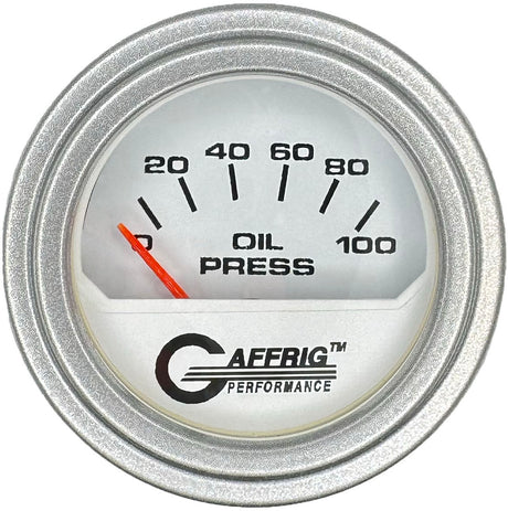 GAFFRIG 2 INCH ELECTRIC OIL PRESSURE GAUGE 0-100 PSI WHITE / STEP RIM (002) / PLATINUM