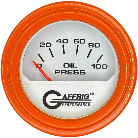 GAFFRIG 2 INCH ELECTRIC OIL PRESSURE GAUGE 0-100 PSI WHITE / STEP RIM (002) / ORANGE