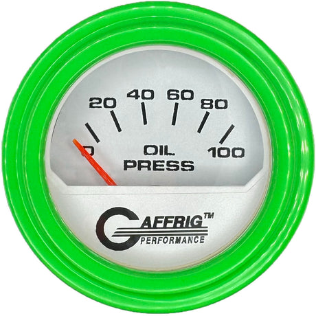 GAFFRIG 2 INCH ELECTRIC OIL PRESSURE GAUGE 0-100 PSI WHITE / STEP RIM (002) / LIME GREEN