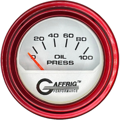 GAFFRIG 2 INCH ELECTRIC OIL PRESSURE GAUGE 0-100 PSI WHITE / STEP RIM (002) / RED