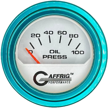 GAFFRIG 2 INCH ELECTRIC OIL PRESSURE GAUGE 0-100 PSI WHITE / STEP RIM (002) / TEAL