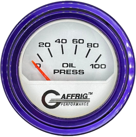 GAFFRIG 2 INCH ELECTRIC OIL PRESSURE GAUGE 0-100 PSI WHITE / STEP RIM (002) / PURPLE