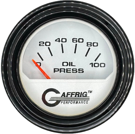 GAFFRIG 2 INCH ELECTRIC OIL PRESSURE GAUGE 0-100 PSI WHITE / STEP RIM (002) / BLACK