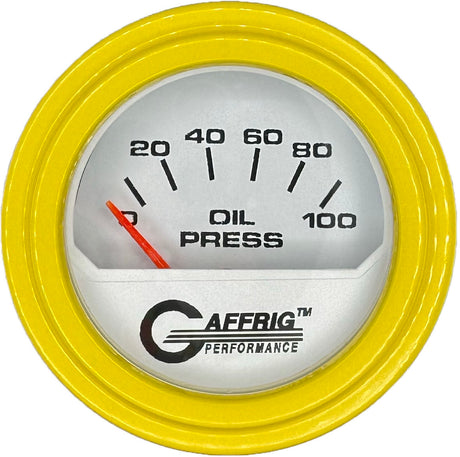 GAFFRIG 2 INCH ELECTRIC OIL PRESSURE GAUGE 0-100 PSI WHITE / STEP RIM (002) / YELLOW