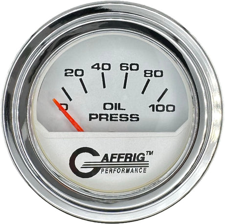 GAFFRIG 2 INCH ELECTRIC OIL PRESSURE GAUGE 0-100 PSI WHITE / STEP RIM (002) / CHROME/POLISHED