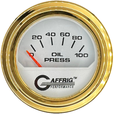 GAFFRIG 2 INCH ELECTRIC OIL PRESSURE GAUGE 0-100 PSI WHITE / STEP RIM (002) / GOLD