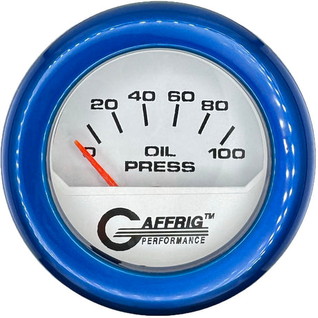 GAFFRIG 2 INCH ELECTRIC OIL PRESSURE GAUGE 0-100 PSI WHITE / FAT RIM (218) / BLUE