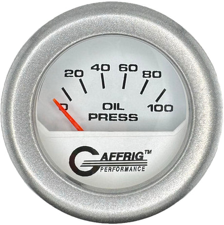 GAFFRIG 2 INCH ELECTRIC OIL PRESSURE GAUGE 0-100 PSI WHITE / FAT RIM (218) / PLATINUM