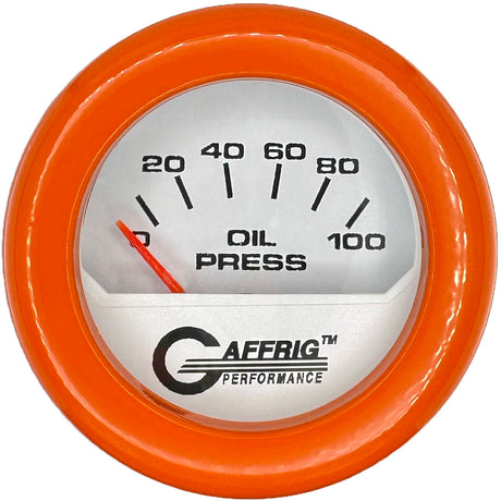 GAFFRIG 2 INCH ELECTRIC OIL PRESSURE GAUGE 0-100 PSI WHITE / FAT RIM (218) / ORANGE