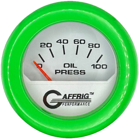 GAFFRIG 2 INCH ELECTRIC OIL PRESSURE GAUGE 0-100 PSI WHITE / FAT RIM (218) / LIME GREEN