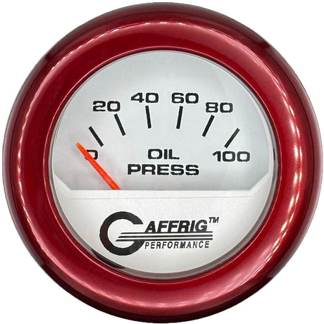 GAFFRIG 2 INCH ELECTRIC OIL PRESSURE GAUGE 0-100 PSI WHITE / FAT RIM (218) / RED