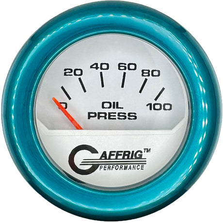 GAFFRIG 2 INCH ELECTRIC OIL PRESSURE GAUGE 0-100 PSI WHITE / FAT RIM (218) / TEAL