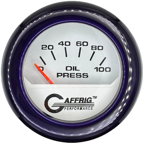 GAFFRIG 2 INCH ELECTRIC OIL PRESSURE GAUGE 0-100 PSI WHITE / FAT RIM (218) / PURPLE