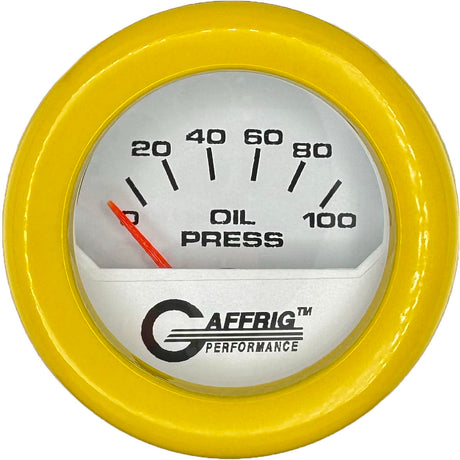 GAFFRIG 2 INCH ELECTRIC OIL PRESSURE GAUGE 0-100 PSI WHITE / FAT RIM (218) / YELLOW