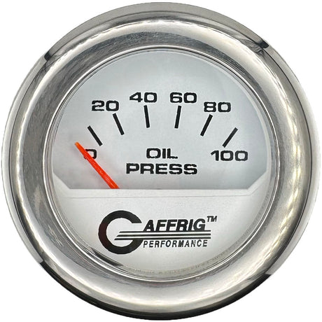 GAFFRIG 2 INCH ELECTRIC OIL PRESSURE GAUGE 0-100 PSI WHITE / FAT RIM (218) / CHROME/POLISHED