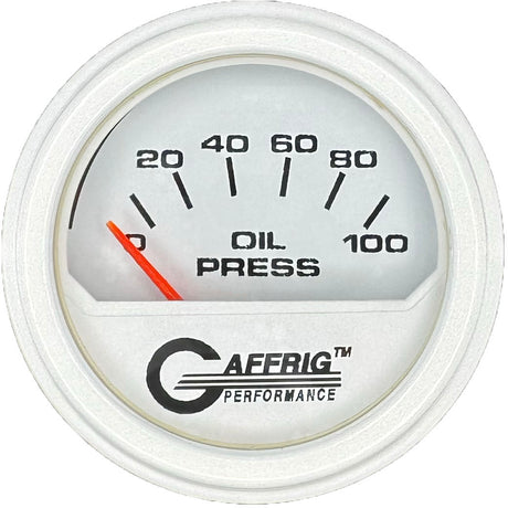 GAFFRIG 2 INCH ELECTRIC OIL PRESSURE GAUGE 0-100 PSI WHITE / STEP RIM (002) / WHITE