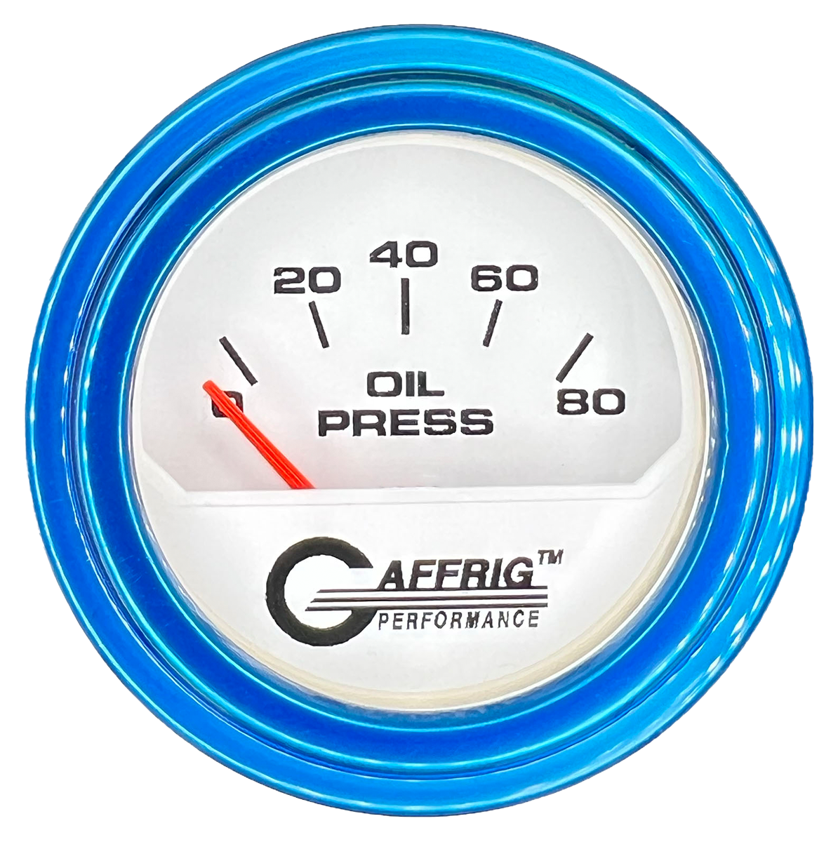 GAFFRIG 2 INCH ELECTRIC OIL PRESSURE GAUGE 0-80 WHITE / BLUE / STEP RIM