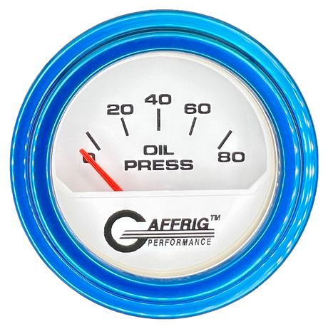 GAFFRIG 2 INCH ELECTRIC OIL PRESSURE GAUGE 0-80 WHITE / BLUE / STEP RIM