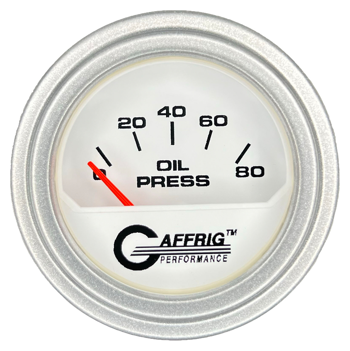 GAFFRIG 2 INCH ELECTRIC OIL PRESSURE GAUGE 0-80 WHITE / PLATINUM / STEP RIM