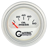 GAFFRIG 2 INCH ELECTRIC OIL PRESSURE GAUGE 0-80 WHITE / PLATINUM / STEP RIM