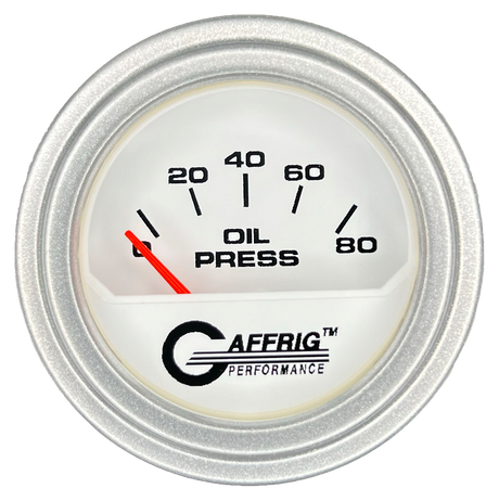 GAFFRIG 2 INCH ELECTRIC OIL PRESSURE GAUGE 0-80 WHITE / PLATINUM / STEP RIM