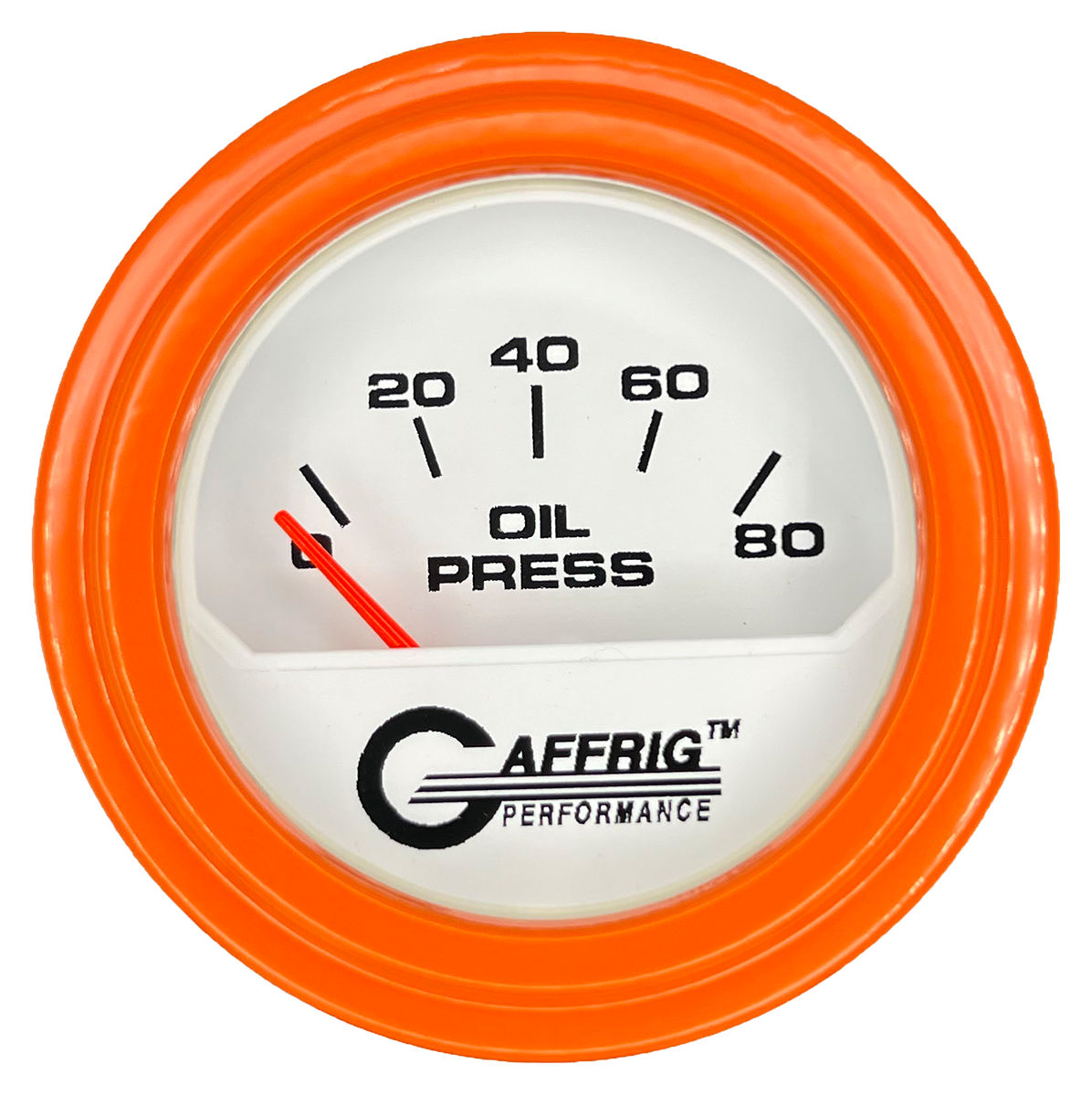 GAFFRIG 2 INCH ELECTRIC OIL PRESSURE GAUGE 0-80 WHITE / ORANGE / STEP RIM